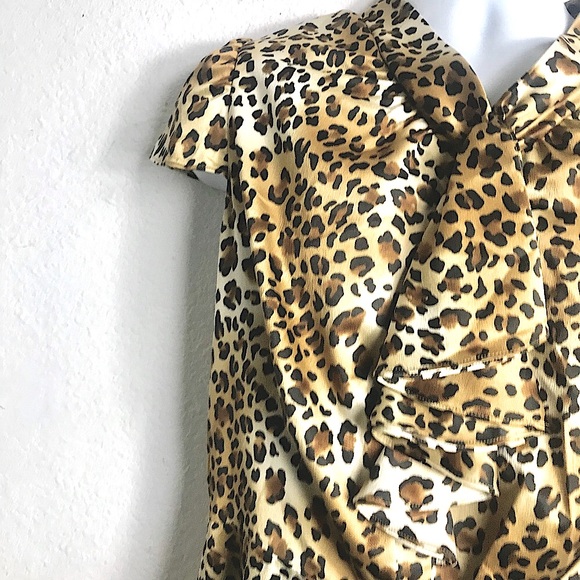 Eli Tahari Cheetah Dress Animal Plus Size Cap Sleeves Rouched front tie - Picture 3 of 8